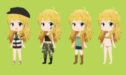 1girl ahoge bad_id bad_pixiv_id barefoot beret bikini blonde_hair boots camisole camouflage cardigan cargo_pants chestnut_mouth chibi dog_tags facepaint green_eyes hat hoshii_miki idolmaster idolmaster_(classic) jewelry k@ito90p kaito-m-bhhmoth-ezweb-ne-jp long_hair midriff navel necklace open_mouth pants shorts smile swimsuit