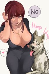 Rule 34 | 1girl, @ @, bestiality, black dress, breasts, chainsaw man, cum, cum on body, cum on lower body, dog, dress, highres, humping, interspecies, large breasts, makima (chainsaw man), mamimi (mamamimi), no bra, red hair, sexually suggestive, veins, veiny breasts