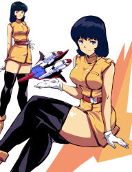 Rule 34 | 1girl, advance of zeta, aircraft, airplane, belt, black hair, black thighhighs, blue eyes, breasts, commentary request, crossed legs, dress, fa yuiry, gloves, gundam, kamisimo 90, looking at viewer, mecha, medium breasts, medium hair, multiple girls, multiple views, robot, simple background, sitting, sleeveless, smile, thighhighs, thighs, uniform, white gloves, yellow dress, zeta gundam, zeta gundam (mobile suit)