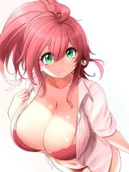 Rule 34 | 1girl, ahoge, bra, breasts, cleavage, commentary, cowboy shot, from above, green eyes, highres, kay yu, large breasts, looking at viewer, medium breasts, navel, open clothes, open shirt, original, panties, pink-haired girl (kay yu), pink bra, pink hair, pink panties, ponytail, shirt, smile, solo, underwear, white shirt