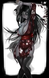 Rule 34 | 1girl, ?, absurdres, artist name, black hair, black sclera, black thighhighs, blush, bracelet, breasts, character name, cleavage, colored sclera, colored skin, feet out of frame, fingernails, floral print, glowing, glowing eyes, grey skin, highres, hisako (killer instinct), japanese clothes, jewelry, kaxlene, killer instinct, kimono, knees together feet apart, large breasts, long fingernails, looking at viewer, messy hair, narrow waist, no bra, nose blush, obi, off shoulder, red kimono, ring, sash, scar, scar across eye, scar on face, scar on nose, sharp fingernails, side slit, skindentation, solo, standing, thighhighs, thighs, torn clothes, torn kimono, torn thighhighs, white eyes, zombie