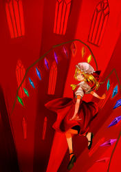 Rule 34 | 1girl, bad id, bad pixiv id, blonde hair, female focus, flandre scarlet, flying, full body, indoors, kol49, mary janes, open mouth, red eyes, red theme, shoes, smile, solo, embodiment of scarlet devil, touhou, wings