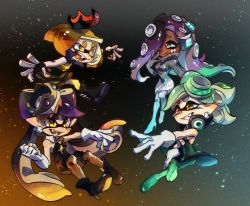 Rule 34 | + +, 4girls, ankle boots, black dress, black footwear, black gloves, black jumpsuit, blue legwear, boots, brown hair, brown legwear, callie (splatoon), cephalopod eyes, clenched hand, closed mouth, commentary, cousins, crown, dark-skinned female, dark skin, detached collar, dress, earrings, embers, facial mark, fangs, fingerless gloves, food, food on head, gloves, gradient hair, green eyes, green footwear, green hair, green legwear, grey dress, grin, headphones, high heel boots, high heels, inkling, jewelry, jumpsuit, light particles, long hair, long sleeves, looking at another, marie (splatoon), marina (splatoon), mole, mole under eye, mole under mouth, multicolored hair, multiple girls, nintendo, object on head, octoling, open mouth, pantyhose, pearl (splatoon), pink pupils, pointy ears, reaching, reaching towards viewer, sharp teeth, short dress, short jumpsuit, smile, smirk, splatoon (series), splatoon 1, splatoon 2, strapless, suction cups, sushi, teeth, tentacle hair, thigh boots, thighhighs, ukata, very long hair, white gloves, yellow eyes