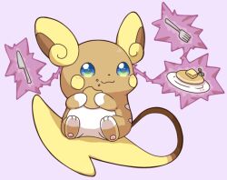 Rule 34 | 2027 (submarine2027), :3, alolan form, alolan raichu, blue eyes, blush, butter, closed mouth, commentary request, creatures (company), eating, food, food on face, fork, game freak, gen 7 pokemon, green eyes, holding, holding food, knife, malasada, multicolored eyes, nintendo, no humans, plate, pokemon, pokemon (creature), purple background, simple background, sitting, sitting on own tail, smile, solo, telekinesis