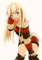 Rule 34 | 1girl, :d, alessandra susu, aqua eyes, bad id, bad pixiv id, blonde hair, boots, collarbone, highres, long hair, looking at viewer, open mouth, re:re:re:, simple background, sleeves past wrists, smile, solo, sweater, teeth, tokyo 7th sisters, white background