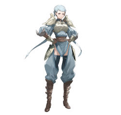Rule 34 | 1girl, absurdres, armor, blue hair, boots, breastplate, commentary request, dress, elbow gloves, fire emblem, fire emblem awakening, fire emblem heroes, full body, gloves, hands on own hips, highres, hirooka masaki, knee boots, long sleeves, looking at viewer, nintendo, official art, pelvic curtain, phila (fire emblem), puffy sleeves, red eyes, short dress, shoulder armor, simple background, solo, striped, thighhighs, vertical stripes, white background
