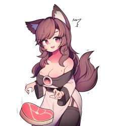 Rule 34 | 1girl, :d, absurdres, animal ear fluff, animal ears, bare shoulders, black thighhighs, blush, breasts, bright pupils, brooch, brown hair, cleavage, collarbone, cowboy shot, dress, falling, fang, food, garter straps, hh, highres, imaizumi kagerou, jewelry, large breasts, long hair, long sleeves, looking at viewer, meat, motion lines, nervous smile, off-shoulder dress, off shoulder, open mouth, red eyes, simple background, smile, solo, sweat, swept bangs, tail, thighhighs, touhou, white background, white dress, white pupils, wolf ears, wolf tail