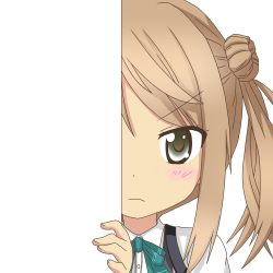 Rule 34 | &gt;:&lt;, 10s, 1girl, :&lt;, black eyes, brown hair, closed mouth, hair bun, kantai collection, looking at viewer, michishio (kancolle), nagineko, peeking out, school uniform, solo, suspenders, transparent background, v-shaped eyebrows