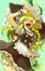 Rule 34 | 1girl, :d, absurdres, blonde hair, bloomers, braid, eudetenis, fang, from below, green background, hat, highres, kirisame marisa, long hair, open mouth, skin fang, smile, solo, touhou, underwear, uneven eyes, witch hat, wrist cuffs, yellow eyes
