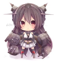 Rule 34 | &gt;:/, 10s, 1girl, :/, black hair, brown eyes, chibi, crossed arms, headgear, highres, kantai collection, long hair, looking at viewer, machinery, nagato (kancolle), natubudou, pleated skirt, skirt, solo, translation request, turret, v-shaped eyebrows