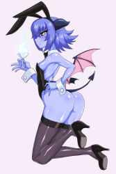 Rule 34 | animal ears, ass, backless outfit, black sclera, black thighhighs, blue hair, blue skin, blush, breasts, cocktail glass, colored sclera, colored skin, cup, demon girl, demon horns, demon tail, drinking glass, fake animal ears, fishnet thighhighs, fishnets, hands on own hips, high heels, highres, horns, kneeling, leotard, mimizu (tokagex), playboy bunny, pointy ears, profile, rabbit ears, sideways glance, small breasts, smile, solo, tail, thighhighs, thong, wings, wrist cuffs