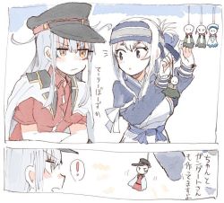 Rule 34 | 2girls, ainu clothes, bad id, bad twitter id, belt, black gloves, blue hair, blush, comic, dress, facial scar, gangut (kancolle), gloves, grey hair, hair between eyes, hair ornament, hairclip, hat, headband, itomugi-kun, jacket, kamoi (kancolle), kantai collection, long hair, military, military hat, military uniform, multicolored hair, multiple girls, naval uniform, open mouth, peaked cap, ponytail, red eyes, red shirt, remodel (kantai collection), scar, scar on cheek, scar on face, shirt, simple background, teruterubouzu, translation request, uniform, white hair