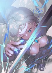 Rule 34 | 1girl, blue eyes, breasts, cleavage, commentary request, highres, long hair, md5 mismatch, myrtenaster, ponytail, rapier, resolution mismatch, revision, rwby, scar, scar across eye, scar on face, shiny skin, side ponytail, solo, source larger, sword, wangxiii, weapon, weiss schnee, white hair
