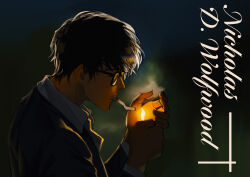 Rule 34 | 1boy, absurdres, black background, black hair, black jacket, character name, cigarette, closed eyes, collared shirt, fire, fire, glasses, grey shirt, hands up, highres, holding, holding lighter, jacket, lighter, long sleeves, male focus, modong gun, mouth hold, nicholas d. wolfwood, profile, shirt, short hair, solo, trigun, trigun stampede, upper body