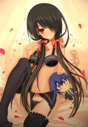 Rule 34 | 10s, 1girl, black hair, breasts, cleavage, date a live, garter belt, garter straps, hair over one eye, hair ribbon, heterochromia, highres, itsuka shidou, lingerie, long hair, looking at viewer, otono fei, petals, red eyes, ribbon, rose petals, smile, solo, stuffed toy, thighhighs, tokisaki kurumi, twintails, underwear, yellow eyes