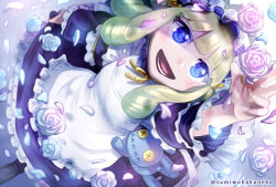 Rule 34 | 1girl, alice (housamo), apron, blonde hair, blue eyes, blunt bangs, button eyes, buttons, dress, drill hair, flower, foot out of frame, frilled apron, frilled dress, frills, gothic lolita, gradient hair, green hair, hairband, lolita fashion, lolita hairband, long hair, long sleeves, multicolored hair, open mouth, outstretched arm, petals, ribbon, ringlets, rose, rose petals, smile, solo, stuffed animal, stuffed toy, sumi wo hakuneko, tokyo houkago summoners, twitter username, yellow ribbon