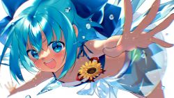 Rule 34 | 1girl, bikini, blue bikini, blue bow, blue eyes, blue hair, blush, bow, breasts, bubble, cirno, commentary request, flower, foreshortening, hair bow, hiiragi akio, ice, ice wings, lens flare, looking at viewer, medium hair, open mouth, sarong, see-through, simple background, small breasts, smile, solo, sunflower, swimsuit, tan, tanned cirno, touhou, wet, white background, wings