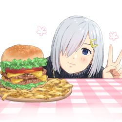 Rule 34 | 1girl, alternate costume, black sweater, blue eyes, commentary, food, french fries, hair ornament, hair over one eye, hairclip, hama! (3toshinhmkz), hamakaze (kancolle), burger, kantai collection, looking at viewer, short hair, silver hair, simple background, smile, solo, sweater, table, upper body, v, white background