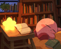 Rule 34 | book, bookshelf, closed eyes, indoors, kirby, kirby (series), miclot, nintendo, no humans, open book, plant, potted plant, sleeping, solo, star (symbol)