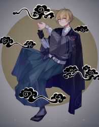 Rule 34 | 1boy, absurdres, asymmetrical gloves, blonde hair, blue eyes, closed mouth, full body, gloves, grey background, highres, kanda shouichi, knife, long sleeves, looking at viewer, male focus, monocle, multicolored background, nijisanji, s poi l, short hair, smile, solo, virtual youtuber, yellow background