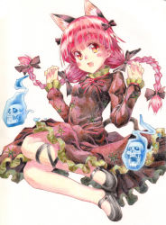 Rule 34 | 1girl, animal ears, blush, bow, braid, cat ears, cat tail, colored pencil (medium), denchu (kazudentyu), dress, fang, full body, hair bow, hair ornament, highres, kaenbyou rin, leg ribbon, long hair, long sleeves, looking at viewer, mary janes, open mouth, puffy sleeves, red eyes, red hair, ribbon, shoes, simple background, skull, smile, solo, tail, touhou, traditional media, twin braids