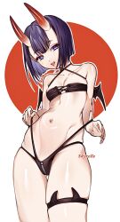 Rule 34 | 1girl, arms at sides, artist name, bat wings, bikini, bikini tug, black bikini, blush, bob cut, breasts, cleavage, collarbone, cowboy shot, eyeshadow, fang, fate (series), female focus, fingernails, from below, highres, horns, makeup, matching hair/eyes, medium hair, naughty face, navel, oni, open mouth, petite, purple eyes, purple hair, red background, red eyeshadow, shuten douji (fate), simple background, skin fang, skyrelle, small breasts, smile, solo, standing, swimsuit, thigh gap, thigh strap, two-tone background, white background, wings, zipper, zipper bikini