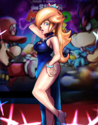 Rule 34 | 1girl, absurdres, arm behind head, blonde hair, blue eyes, borrowed design, bowser, breasts, covered navel, dress, hair over one eye, hand on own hip, heels, highres, kamek, large breasts, leg lift, legs, long hair, looking at viewer, mario, mario (series), model pose, nintendo, open mouth, paramourcross, pink lips, rosalina, sideboob, smile, solo, super mario galaxy, the super mario bros. movie, thighs