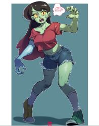 Rule 34 | 1girl, breasts, colored skin, commentary, denim, denim shorts, english commentary, green skin, medium breasts, midriff, monster girl, navel, open hands, open mouth, original, short shorts, shorts, snowcie, solo, thought bubble, yellow eyes, zombie