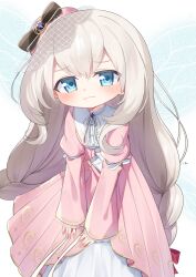 Rule 34 | 1girl, black bow, blue eyes, blush, bow, braid, closed mouth, commentary request, commission, cowboy shot, dress, grey hair, hair bow, highres, kokone (coconeeeco), long hair, long sleeves, looking at viewer, low twin braids, original, pink dress, pink headwear, red bow, skeb commission, sleeves past wrists, smile, solo, tilted headwear, twin braids, very long hair