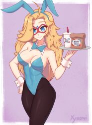Rule 34 | 1girl, absurdres, animal ears, artist name, bare shoulders, black pantyhose, blonde hair, blue bow, blue bowtie, blue eyes, blue leotard, bow, bowtie, breasts, cleavage, closed mouth, collarbone, cup, drinking straw, fake animal ears, hairband, hand on own hip, highres, holding, holding tray, kamen america, kamen america (comic), large breasts, leotard, pantyhose, rabbit ears, smile, solo, tray, wrist cuffs, xyronii