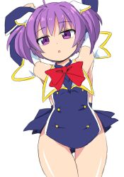 Rule 34 | armpits, arms up, breasts, detached sleeves, highres, keriage, myu (quiz magic academy), no panties, open mouth, purple eyes, purple hair, quiz magic academy, school uniform, small breasts, solo, two side up