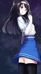 Rule 34 | 1girl, black hair, blue eyes, blue shirt, blue skirt, breasts, elbow gloves, finger gun, from side, gloves, highres, long hair, pocchari, pointing, pointing up, shimanami kakino, shirt, shirt tucked in, silver hairband, skirt, sky, small breasts, smile, solo, star (sky), starry sky, thighhighs, virtual kouhou taishi project, virtual youtuber, white gloves