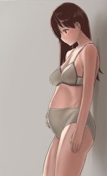 Rule 34 | 10s, 1girl, blush, bra, breasts, brown eyes, brown hair, cowboy shot, from side, hand on own stomach, kantai collection, long hair, looking down, maternity underwear, ooi (kancolle), panties, pregnant, solo, taji (crowview), underwear, underwear only