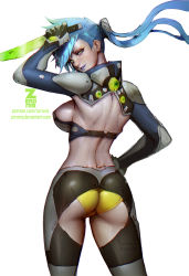 Rule 34 | 1girl, ass, bad deviantart id, bad id, bare back, blue hair, breasts, female focus, gloves, green eyes, hand on own hip, large breasts, lipstick, long hair, looking at viewer, makeup, sideboob, simple background, solo, white gloves, zeronis