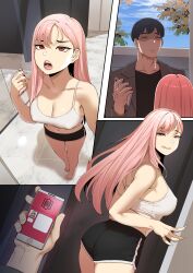 Rule 34 | 1boy, 1girl, absurdres, ah-lyong lee, black hair, black shorts, breasts, cellphone, cleavage, collarbone, comic, crop top, dolphin shorts, door, glaring, highres, holding, holding phone, hypnosis, large breasts, long hair, long sleeves, looking at another, mind control, open mouth, original, phone, pink hair, red eyes, shirt, shorts, smartphone, smile, standing, tongue, tongue out