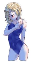 Rule 34 | 1girl, blue one-piece swimsuit, blush, breasts, closed mouth, clothes pull, competition school swimsuit, contrapposto, covered navel, cropped legs, haikyuu!!, medium breasts, namo, one-piece swimsuit, one-piece swimsuit pull, school swimsuit, sidelocks, simple background, solo, standing, swimsuit, white background, yachi hitoka