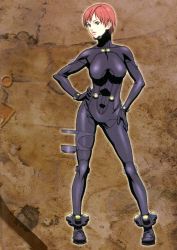 Rule 34 | 00s, 1girl, bodysuit, breasts, feet, female focus, formal, full body, gantz, gantz suit, groin, hands on own hips, highres, holster, kishimoto kei, large breasts, legs, legs apart, looking at viewer, matching hair/eyes, official art, oku hiroya, parted lips, red eyes, red hair, serious, shiny clothes, short hair, simple background, solo, standing, suit, thighs, turtleneck