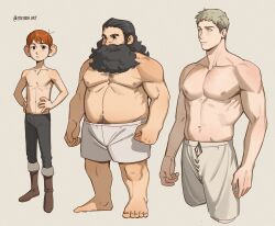 Rule 34 | 3boys, artist name, bara, barefoot, beard, black eyes, black hair, blonde hair, boots, brown hair, chilchuck tims, commentary, cropped legs, dungeon meshi, dwarf, english commentary, etceteraart, expressionless, facial hair, fat, fat man, halfling, hands on own hips, highres, huge eyebrows, laios touden, large ears, large pectorals, long beard, male focus, male underwear, mature male, multiple boys, muscular, muscular male, navel, navel hair, pants, pectorals, senshi (dungeon meshi), short hair, thick beard, toes, topless male, underwear, white male underwear, yellow eyes