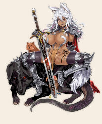 Rule 34 | 1girl, ahoge, animal, animal ear fluff, animal ears, arm behind back, armor, asanagi, beige background, bell, black eyes, black thighhighs, brown collar, candy, cape, chain, collar, dark skin, dog, fangs, food, fox ears, gauntlets, greaves, hair between eyes, high heels, highres, holding, holding sword, holding weapon, lollipop, long hair, navel, open mouth, original, pauldrons, pink lips, pot, red cape, red eyes, shoulder armor, simple background, sitting on animal, smile, spiked collar, spikes, spread legs, sword, tail, thighhighs, tongue, tongue out, torn cape, torn clothes, vambraces, weapon, white hair, wolf tail