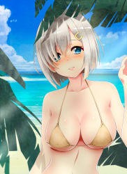 Rule 34 | 10s, 1girl, arm behind back, bare shoulders, beach, bikini, blue eyes, blue sky, blush, breasts, cloud, day, eyes visible through hair, hair ornament, hair over one eye, hairclip, hamakaze (kancolle), highres, kantai collection, kiko (okuwae), large breasts, looking at viewer, navel, ocean, outdoors, plant, sand, shore, short hair, silver hair, sky, smile, solo, swimsuit, upper body, weavehabit