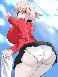 Rule 34 | 1girl, ass, blush, braid, breasts, fate/grand order, fate (series), florence nightingale (fate), from behind, goma, highres, huge ass, huge breasts, knife, long hair, looking at viewer, panties, pantyhose, pink hair, red eyes, shiny skin, single braid, skirt, solo, underwear, uniform