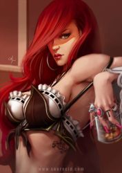 Rule 34 | 1girl, breasts, cleavage, cup, drinking glass, fingernails, hair over one eye, jewelry, karl liversidge, league of legends, long fingernails, looking at viewer, miss fortune (league of legends), nail polish, red hair, ring, solo, tattoo, upper body