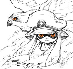 Rule 34 | 1girl, agent 3 (splatoon), animal, bird, closed mouth, falcon, hat, headset, inkling, inkling girl, inkling player character, long hair, looking at viewer, nintendo, orange eyes, patchwork clothes, peaked cap, poncho, simple background, solo, splatoon (series), splatoon 3, spot color, squidbeak splatoon, stitches, tentacle hair, teo (teorekka), torn clothes, white background