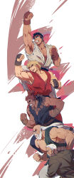 Rule 34 | 5boys, akuma (street fighter), armpits, bald, bara, bead necklace, beads, biceps, black hair, blonde hair, capcom, chinese commentary, clenched teeth, commentary request, dougi, feet out of frame, flaming hand, forked eyebrows, from side, gouken, goutetsu (street fighter), grin, highres, jewelry, ken masters, large pectorals, long hair, looking to the side, male focus, mature male, multiple boys, muscular, muscular male, necklace, old, old man, pectoral cleavage, pectorals, punching, red shirt, ryu (street fighter), sash, shirt, short hair, sideburns, sidepec, smile, street fighter, teeth, thick eyebrows, white hair, wrinkled skin, yuiofire