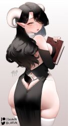 Rule 34 | 1girl, artist name, ass, bible (object), black hair, black nails, blush, book, breasts, commentary, english commentary, highres, holding, holding book, horns, large breasts, lipstick, long hair, looking at viewer, looking back, makeup, nail polish, nun, original, pointy ears, signature, simple background, solo, tail, thighhighs, thong, white thighhighs, yellow eyes, zasshu