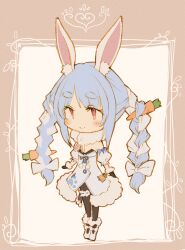 Rule 34 | 1girl, animal ear fluff, animal ears, black gloves, black pantyhose, blue hair, blush, border, bow, braid, bridal garter, brown border, carrot, carrot hair ornament, chibi, commentary request, detached sleeves, don-chan (usada pekora), dress, food-themed hair ornament, full body, fur-trimmed gloves, fur trim, gloves, hair ornament, highres, hololive, iketa keiki, long hair, multicolored hair, pantyhose, pom pom (clothes), puffy short sleeves, puffy sleeves, rabbit ears, red eyes, scarf, shoes, short sleeves, smile, solo, streaked hair, thick eyebrows, twin braids, usada pekora, usada pekora (1st costume), virtual youtuber, white bow, white dress, white footwear