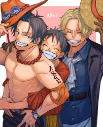 Rule 34 | 3boys, ^ ^, absurdres, ascot, bead necklace, beads, black hair, blonde hair, brothers, closed eyes, coat, elbow gloves, gloves, grin, hand on another&#039;s shoulder, happy, hat, highres, hug, hug from behind, jewelry, lineup, male focus, monkey d. luffy, multiple boys, necklace, one piece, open clothes, open coat, orange headwear, parted bangs, pink background, portgas d. ace, red shirt, removing hat, sabo (one piece), scar, scar on face, shirt, siblings, simple background, smile, straw hat, topless male, urasanmyaku