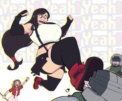 Rule 34 | 2boys, 2girls, aerith gainsborough, black hair, black shirt, black skirt, boots, breasts, cheering, dress, final fantasy, final fantasy vii, final fantasy vii remake, fingerless gloves, gloves, highres, huge breasts, jacket, kicking, lips, long hair, low-tied long hair, miniskirt, multiple boys, multiple girls, muscular, muscular female, pink dress, red eyes, red footwear, red jacket, scar, shirt, simple background, skirt, smile, square enix, suspenders, tank top, thedansome, thick thighs, thighs, thumbs up, tifa lockhart, tooth, undershirt, vambraces, white background, white tank top