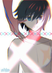 Rule 34 | 10s, 1boy, azuma kei, black hair, blue eyes, darling in the franxx, hiro (darling in the franxx), looking at viewer, male focus, scar, signature, simple background, strangulation mark, topless male, white background