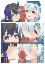 Rule 34 | 1girl, 2boys, @ @, absurdres, arknights, bisexual male, black hair, blue eyes, blue hair, blue headwear, blush, comic, empty eyes, faceless, faceless female, faceless male, fellatio, group sex, hat, highmore (arknights), highres, leiroken, licking, licking penis, long hair, mizuki (arknights), mmf threesome, multiple boys, open mouth, oral, penis, penis awe, pointy ears, precum, purple eyes, short hair, silent comic, steaming body, threesome, tongue, tongue out, uncensored